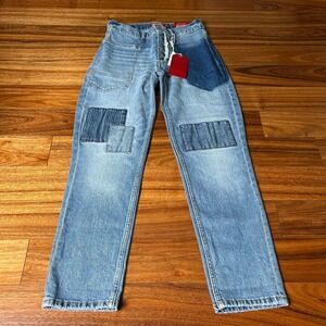 Lucky Brand Women's Boy Mid Rise Relaxed Straight Patchwork Button Fly Jeans